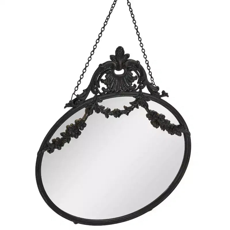 Storied Home Vintage Pewter Framed Wall Mirror with Decorative Chain: Round No Assembly Required