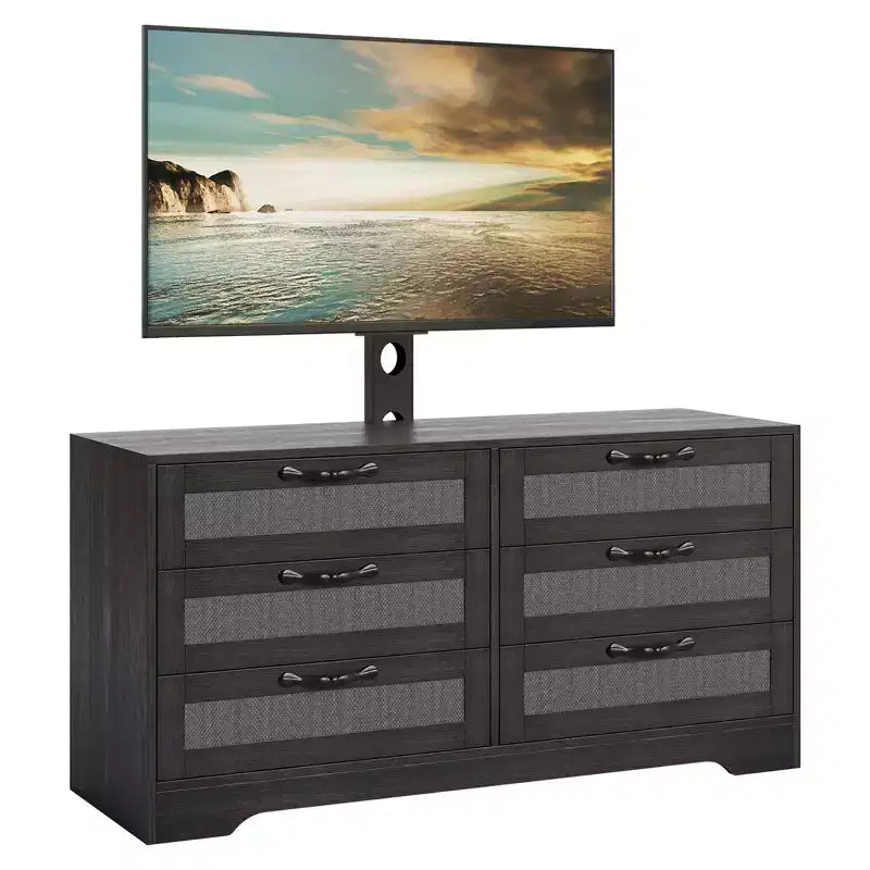 Modern Design TV Stand with Mount 6-Drawer Rattan Dresser for 32-85 TVs Spacious Storage Media Console Table