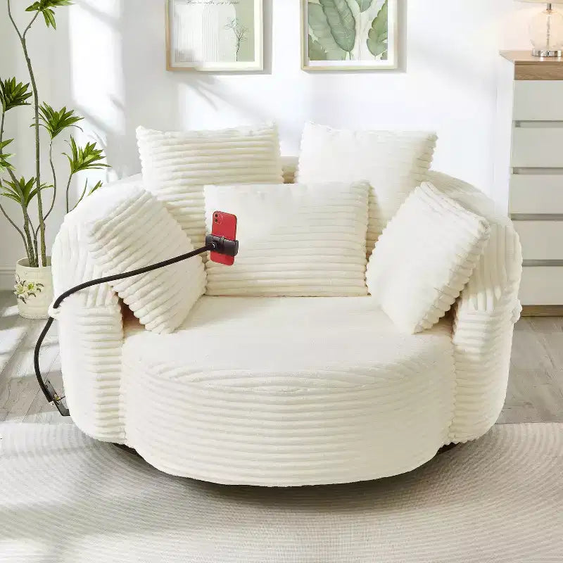 360 Swivel Chair Barrel Chair Accent Chair Corduroy Round Sofa Chair with 5 Throw Pillows & Adjustable Phone Holder - ModernLuxe