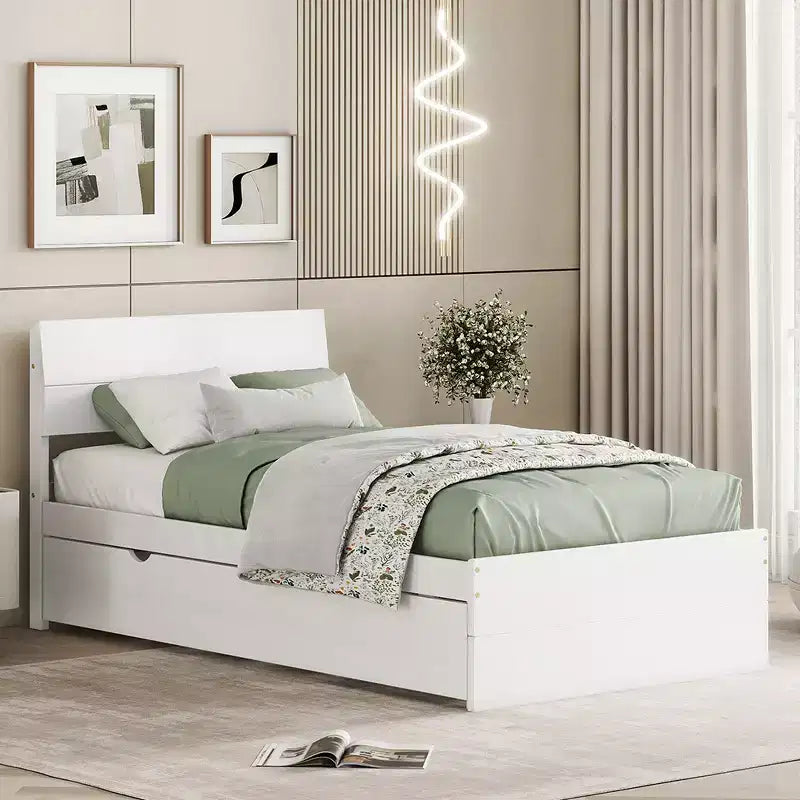 Twin Size Solid Wood Platform Bed with Trundle and Headboard Wooden Slats Support No Box Spring Needed Easy Assembly for Dorm Bedroom