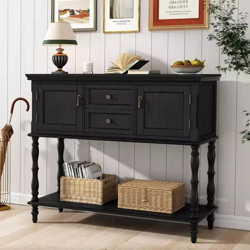Retro Console Table with Drawers and Cabinets Slim Sofa Table with Open Shelf for Entryway or Living Room