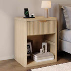Acekool Fluted Nightstand with Ports and Outlets Drawers Mid Century Modern Bedside Table Natural Wood
