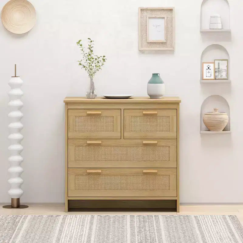JVNOXK Modern 31.50-inch rattan storage cabinet with 4 deep drawers perfect for bedrooms dining rooms and hallways. Easy assembly