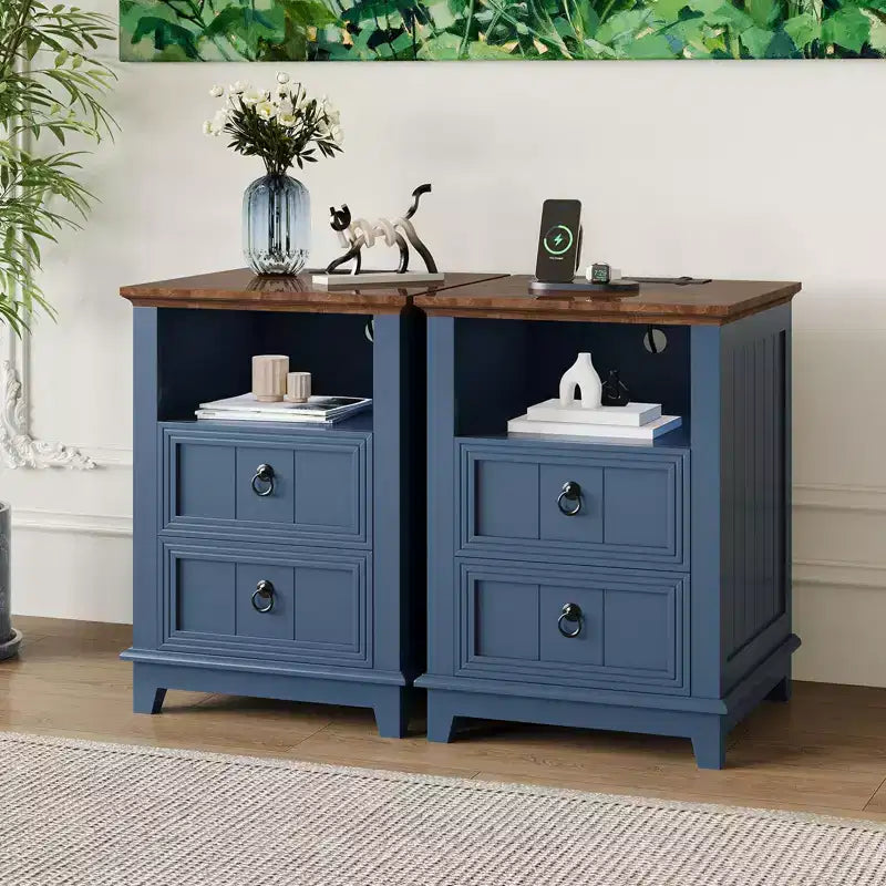 Acekool Nightstand Set of 2 with Charging Station Farmhouse Bedside Table with Drawers and Open Shelf