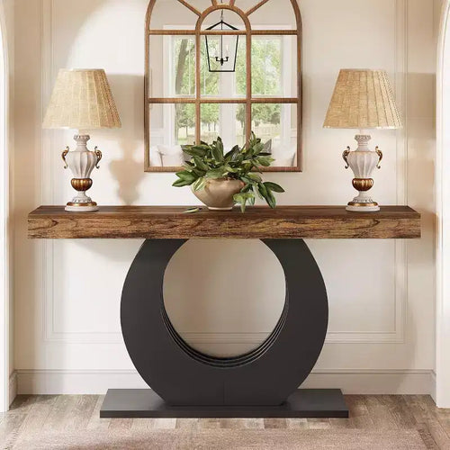 Lantine 63-Inch Console Sofa Table Rustic Industrial Farmhouse Entryway Table with Black Circle Base for Living Room Hallway Rustic Brown