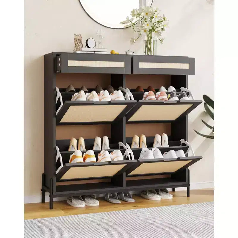 Narrow Rattan Shoe Cabinet 4-Door Entryway Organizer with 2 Drawers Adjustable Shelves Holds 24 Pairs Space-Saving for Hallway