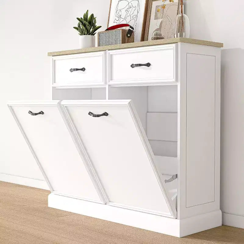 Tilt-Out Trash Cabinet Space-Saving Pet-Proof Hidden Trash Storage Cabinet for Kitchen and Living Room (White)