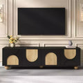 JVNOXK Farmhouse-Style Media Console with Cable Holes Accommodates TVs Up to 75 Inches Features Spring-Loaded Lift Mechanism Black