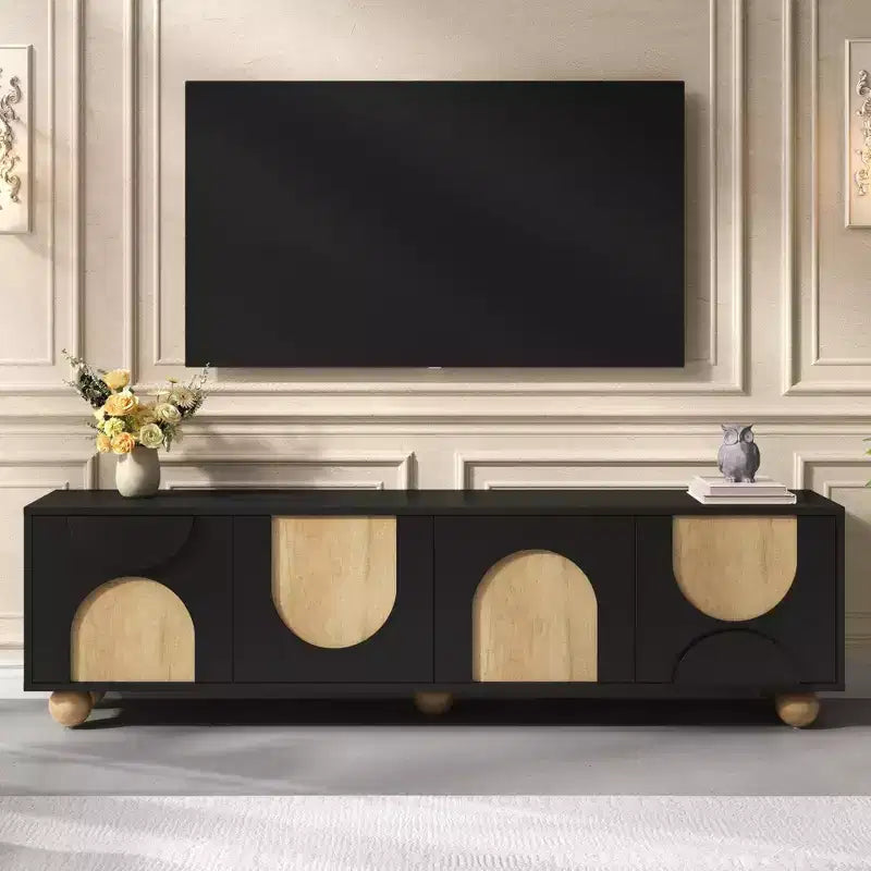 JVNOXK Farmhouse-Style Media Console with Cable Holes Accommodates TVs Up to 75 Inches Features Spring-Loaded Lift Mechanism Black