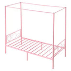 Twin Canopy Bed Frame with Four Poster Design Metal Platform Bed Pink 300 lb Capacity