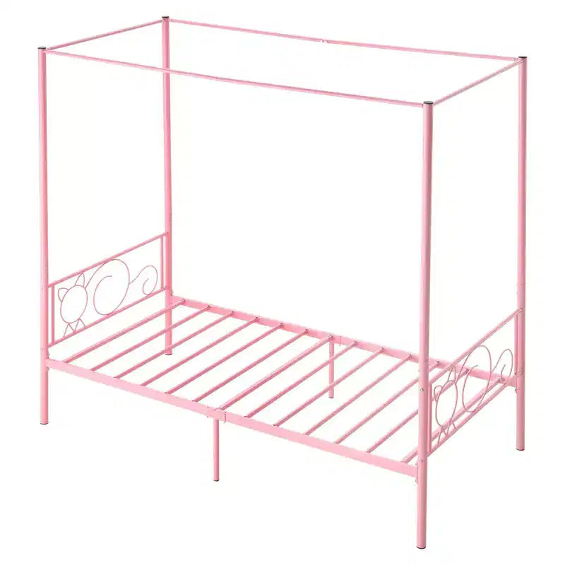 Twin Canopy Bed Frame with Four Poster Design Metal Platform Bed Pink 300 lb Capacity