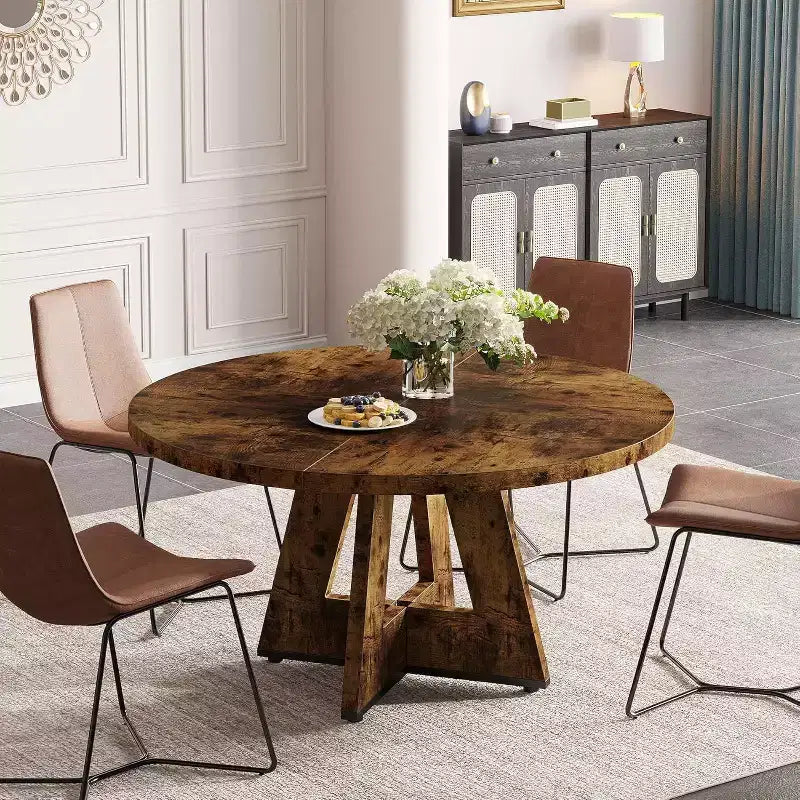 Lantine 47-Inch Round Dining Table for 4 Farmhouse Circle Kitchen Table with Wooden Pedestal Base for Kitchen Dining Room Living Room Rustic Brown