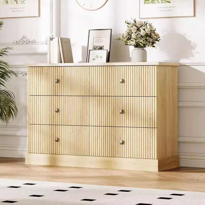 Dresser Chest of Drawers 6 Drawer Horizontal Fluted Storage Wood Bedroom Organizer for Small Spaces Clothing Storage