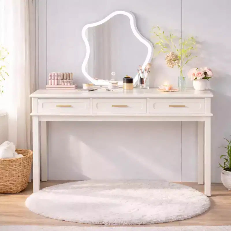 Cream White Makeup Vanity Desk Dressing Table with 3 Drawers Office Writing Desk Entryway Console Table Storage Accent Table No Mirror - ModernLuxe
