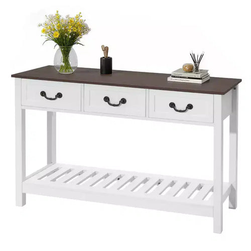 VEVOR 47 in Console Table Farmhouse Desk Behind the Couch with Drawers and Bottom Storage Shelf Wooden Rectangle Narrow Sofa Table Brown & White