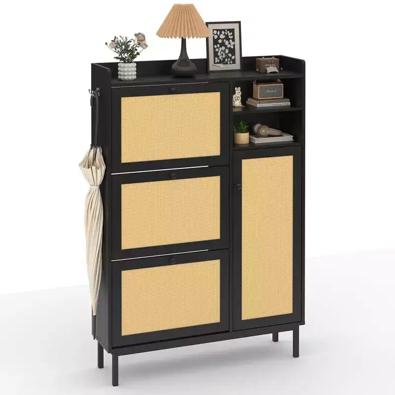 Natural Rattan Shoe Cabinet Freestanding Storage Organizer with 3 Turn Drawers & 5-Tier Shelves Modern Entryway Hallway Closet Furniture