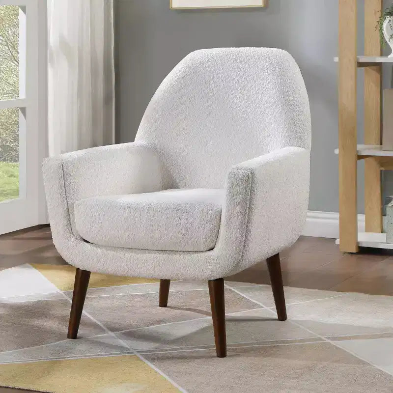 Comfort Pointe Polaris Mid Century Boucle Arm Chair White: Removable Cushions Wood Frame 300 lb Capacity Bedroom & Living Room